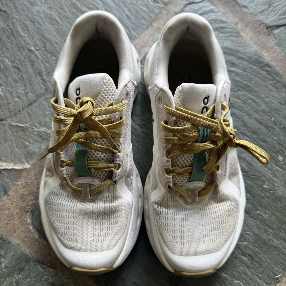 On Running White and Olive Sneakers